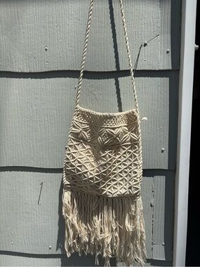 Boho Cream Macramé Fringe Crossbody Bag